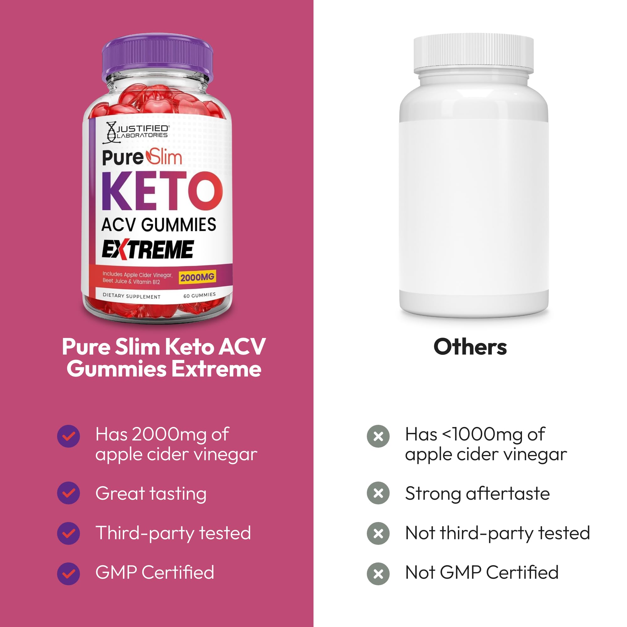 Justified Laboratories Pure Slim Keto ACV Gummies beet-juice visual highlights natural color