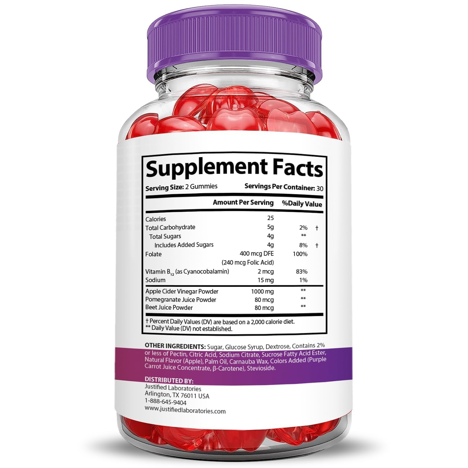 Justified Laboratories Pure Slim Keto ACV Gummies bottle highlights vegan, non-GMO gummy.