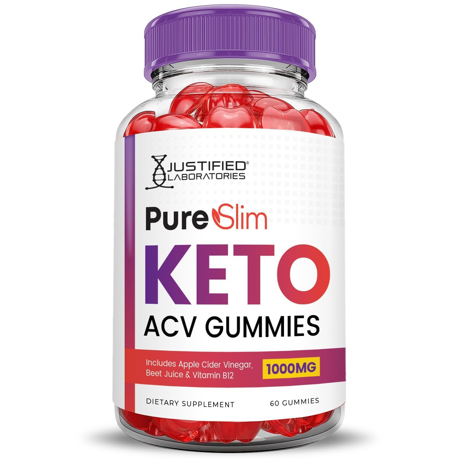 Justified Laboratories Pure Slim Keto ACV Gummies with pomegranate notes suggest a flavorful daily treat.
