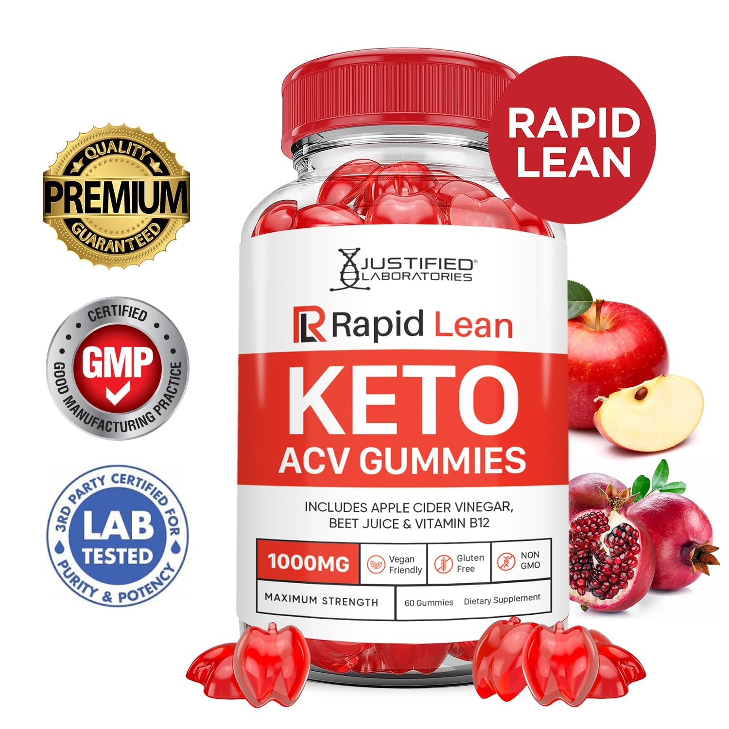 Justified Laboratories Rapid Lean Keto ACV Gummies ingredients panel emphasizes beet juice, B12, and folate.