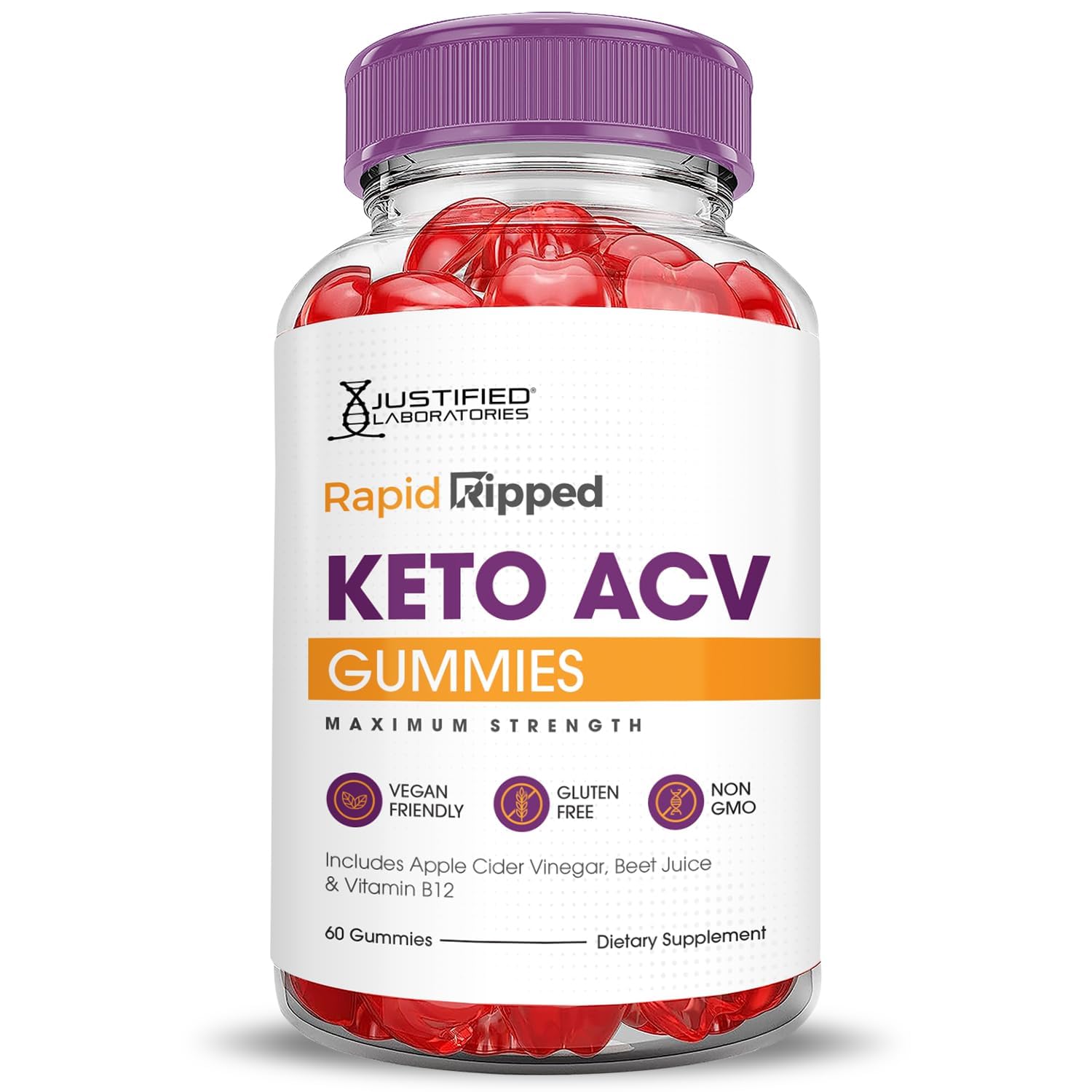 Justified Laboratories Rapid Ripped Keto ACV Gummies vegan, non-GMO formula on label.
