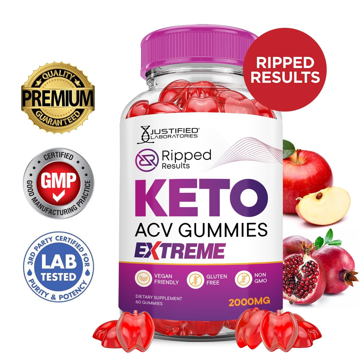 Justified Laboratories Ripped Results Keto ACV Gummies ingredients—beet juice powder and B12 for color and energy.