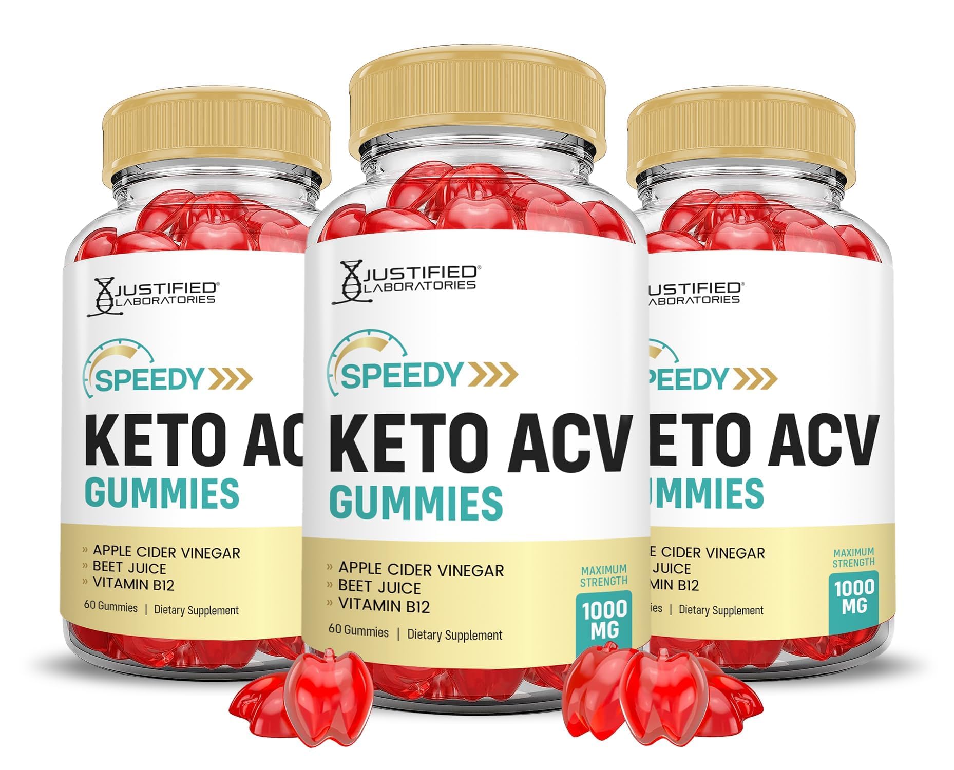 Justified Laboratories Speedy Keto ACV Gummies 3-pack packshot highlights a convenient daily routine.