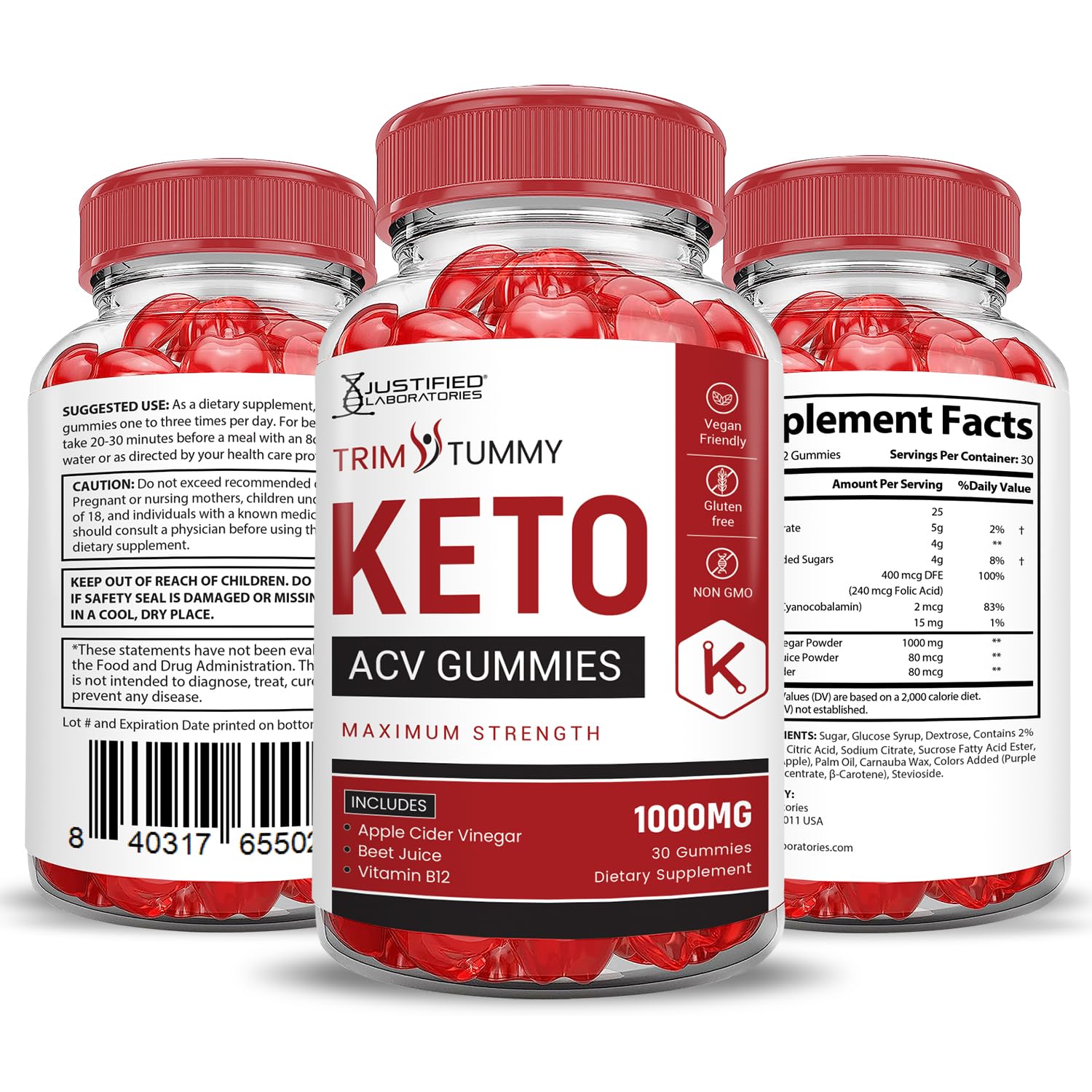 Justified Laboratories Trim Tummy Keto ACV Gummies close-up chew for a quick daily supplement.