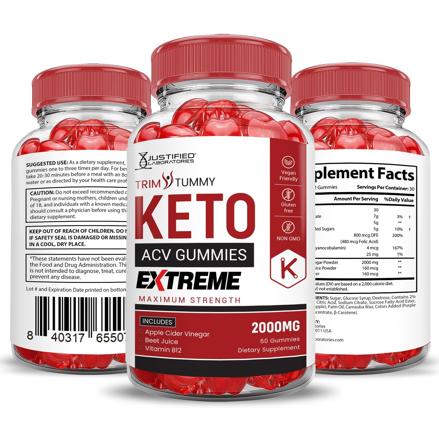 Justified Laboratories Trim Tummy Keto ACV Gummies serving suggestion with morning glass for routine.