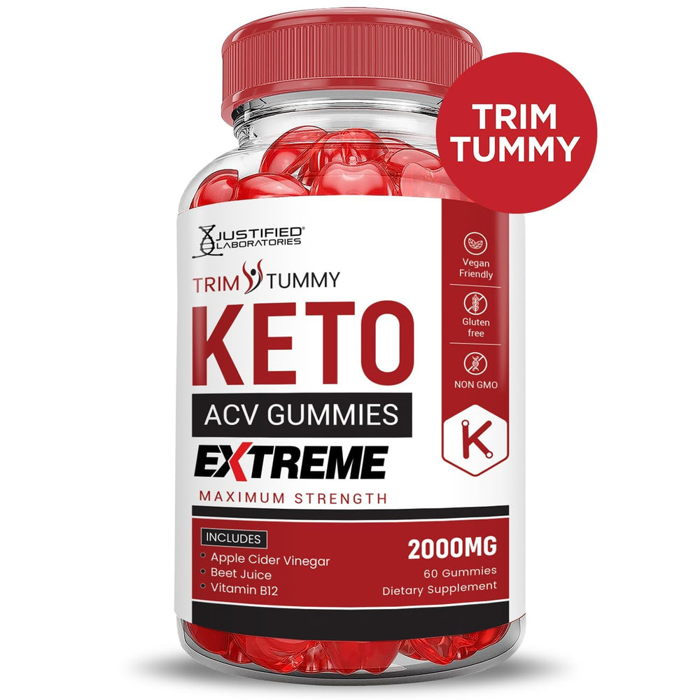 Justified Laboratories Trim Tummy Keto ACV Gummies label highlights vegan, non-GMO, gluten-free.