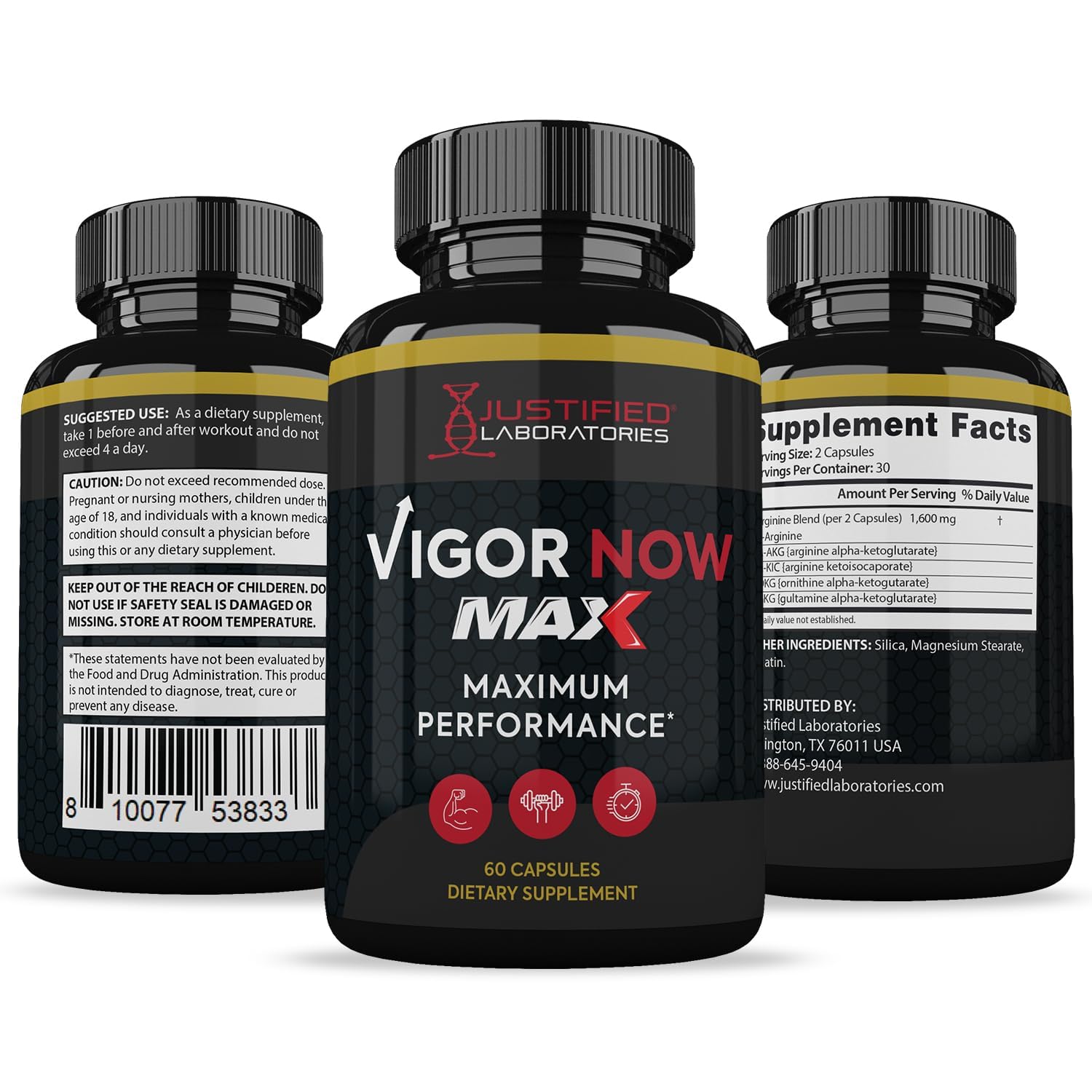 Justified Laboratories Vigor Now Max 1600MG packaging shot, appealing bottle and label design.
