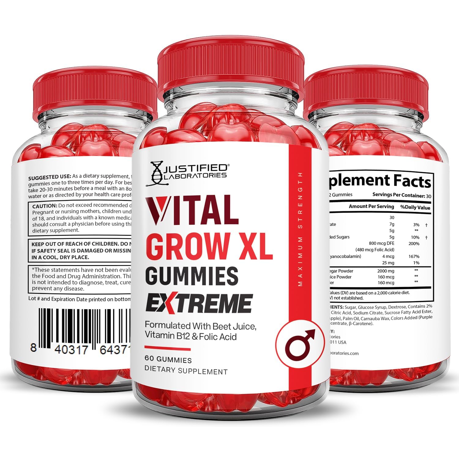 Justified Laboratories Vital Grow XL Extreme vegan non-GMO packaging on display.