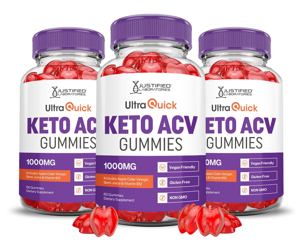 Front view of Justified Laboratories 3-Pack Ultra Quick Keto ACV Gummies bottles