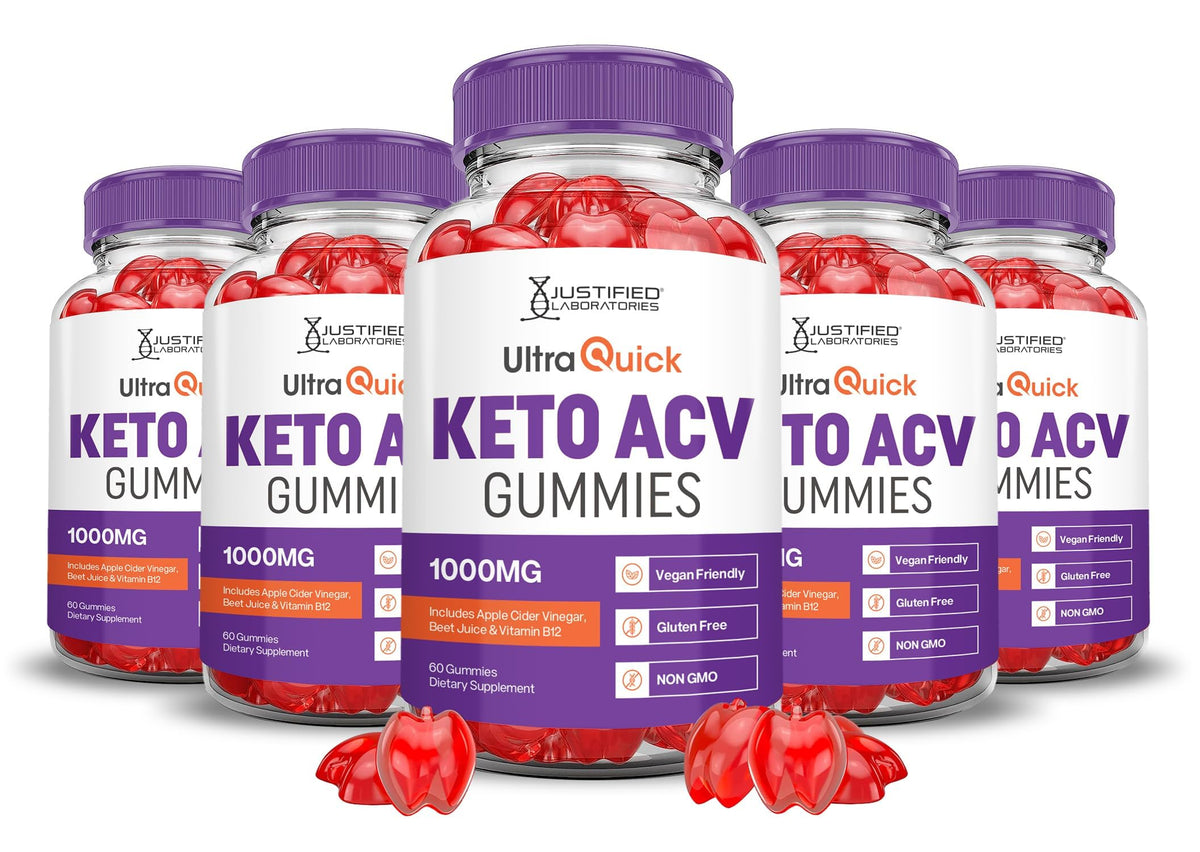 Justified Laboratories 5-pack Ultra Quick Keto ACV B12 Gummies bottle and label