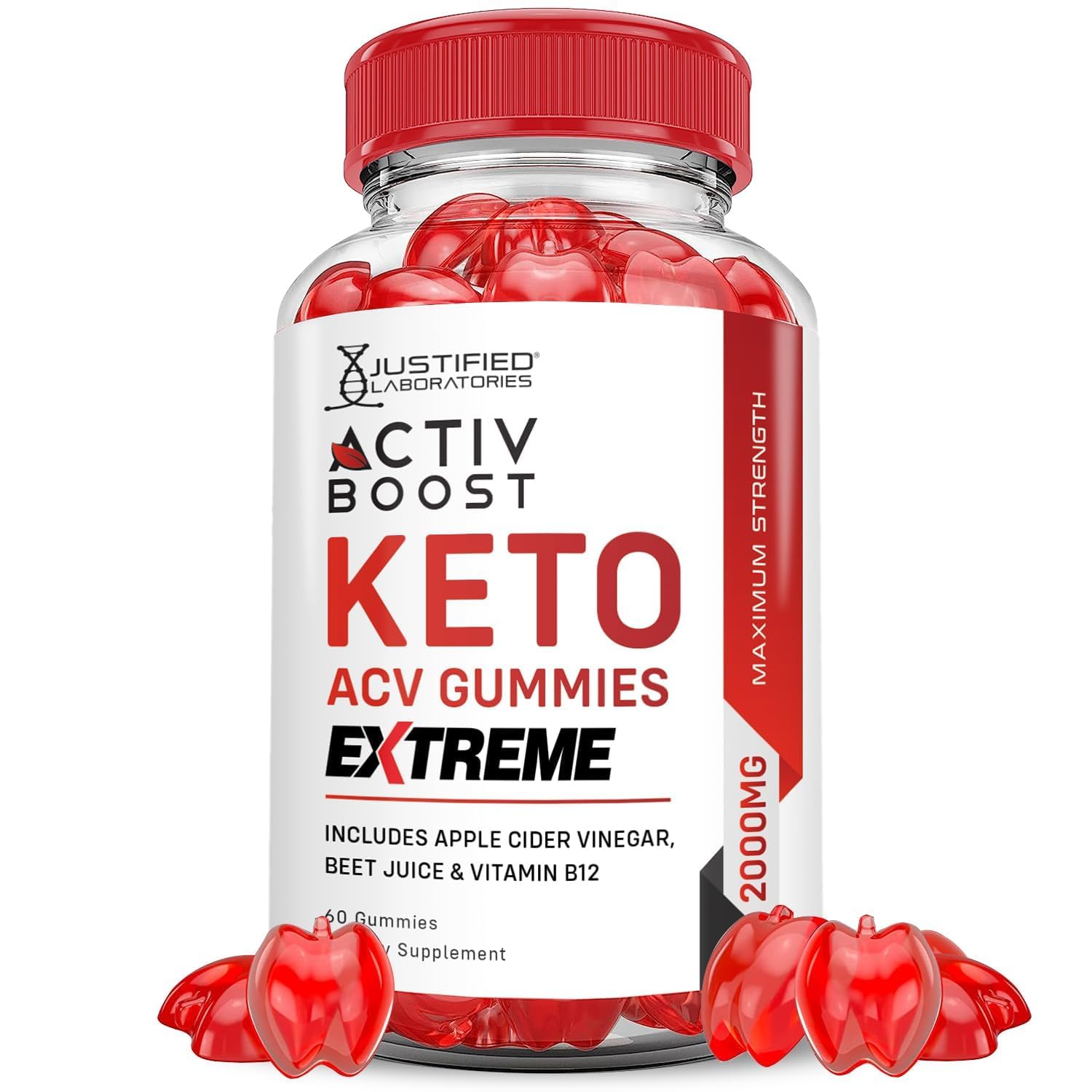 Justified Laboratories Activboost Keto ACV Gummies front view highlights a tasty daily wellness option.