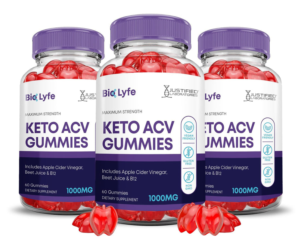 Justified Laboratories Bio Lyfe Keto ACV Gummies bottle promotes daily energy with apple cider vinegar.