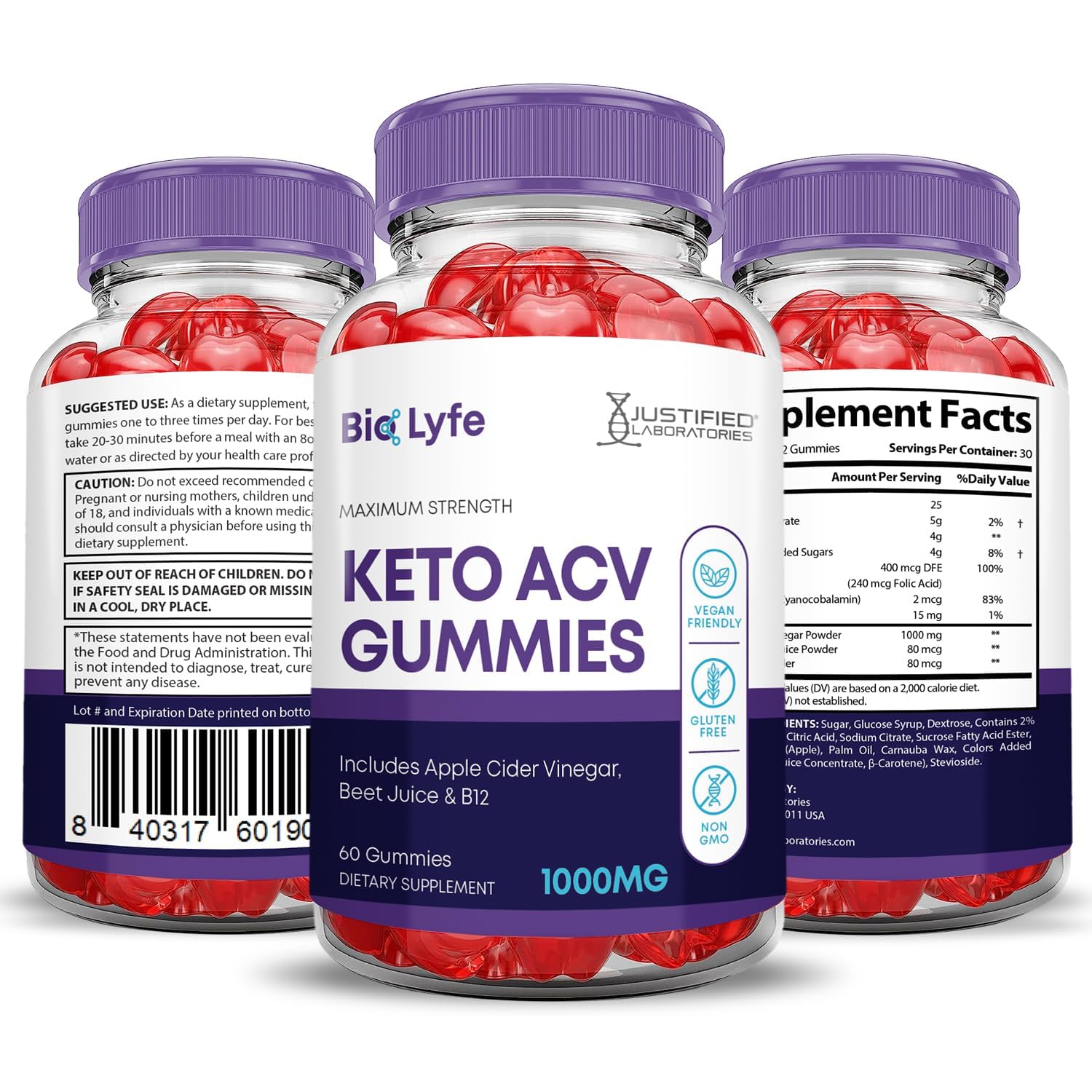 Justified Laboratories Bio Lyfe Keto ACV Gummies GMP-tested production badge.