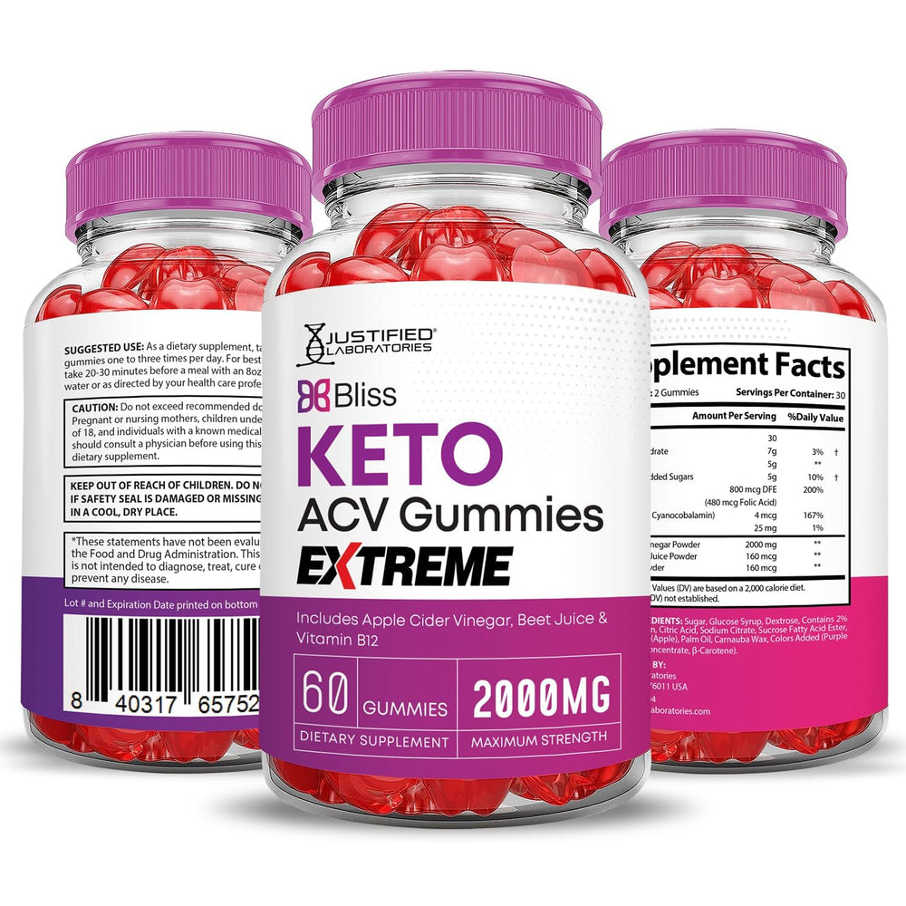Bottle packaging for Justified Laboratories Bliss Keto ACV Gummies