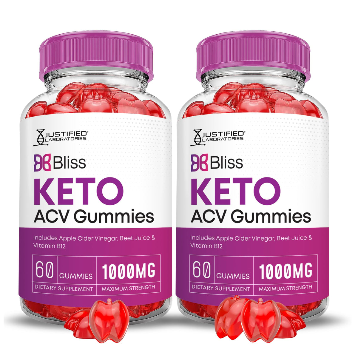 Justified Laboratories Bliss Keto ACV Gummies front packaging in a 2-pack for easy daily use.
