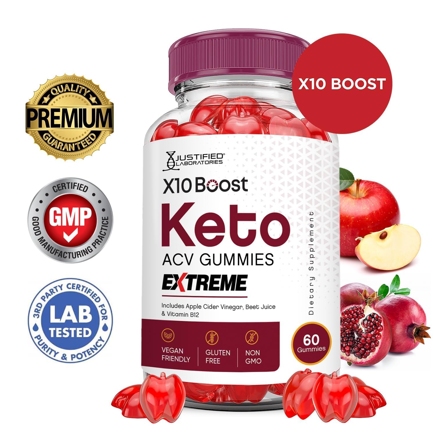 Justified Laboratories Boost Keto ACV Gummies 3 pack packaging and bottle