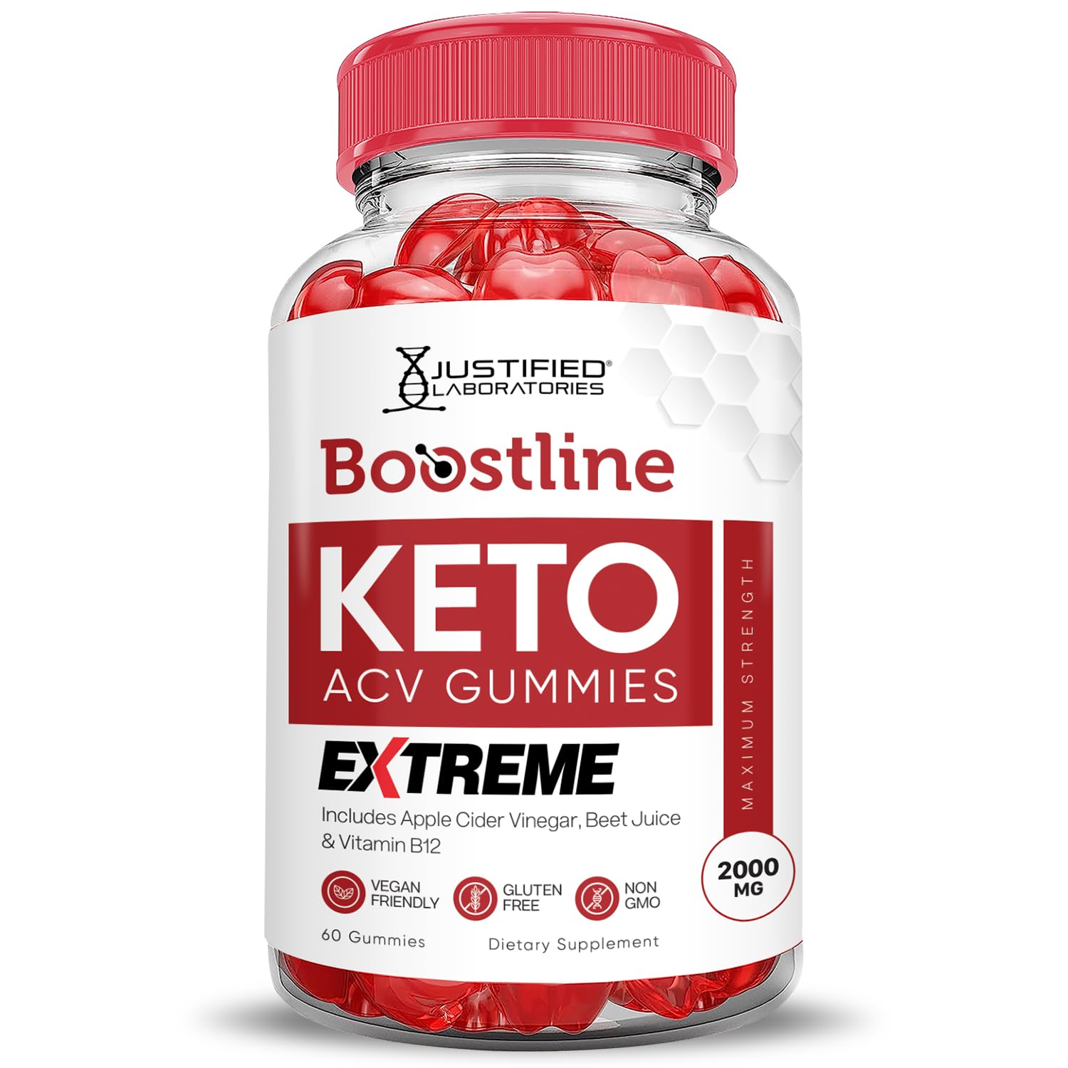 Justified Laboratories Boostline gummies vitamin B12 close-up emphasizing daily nutrition