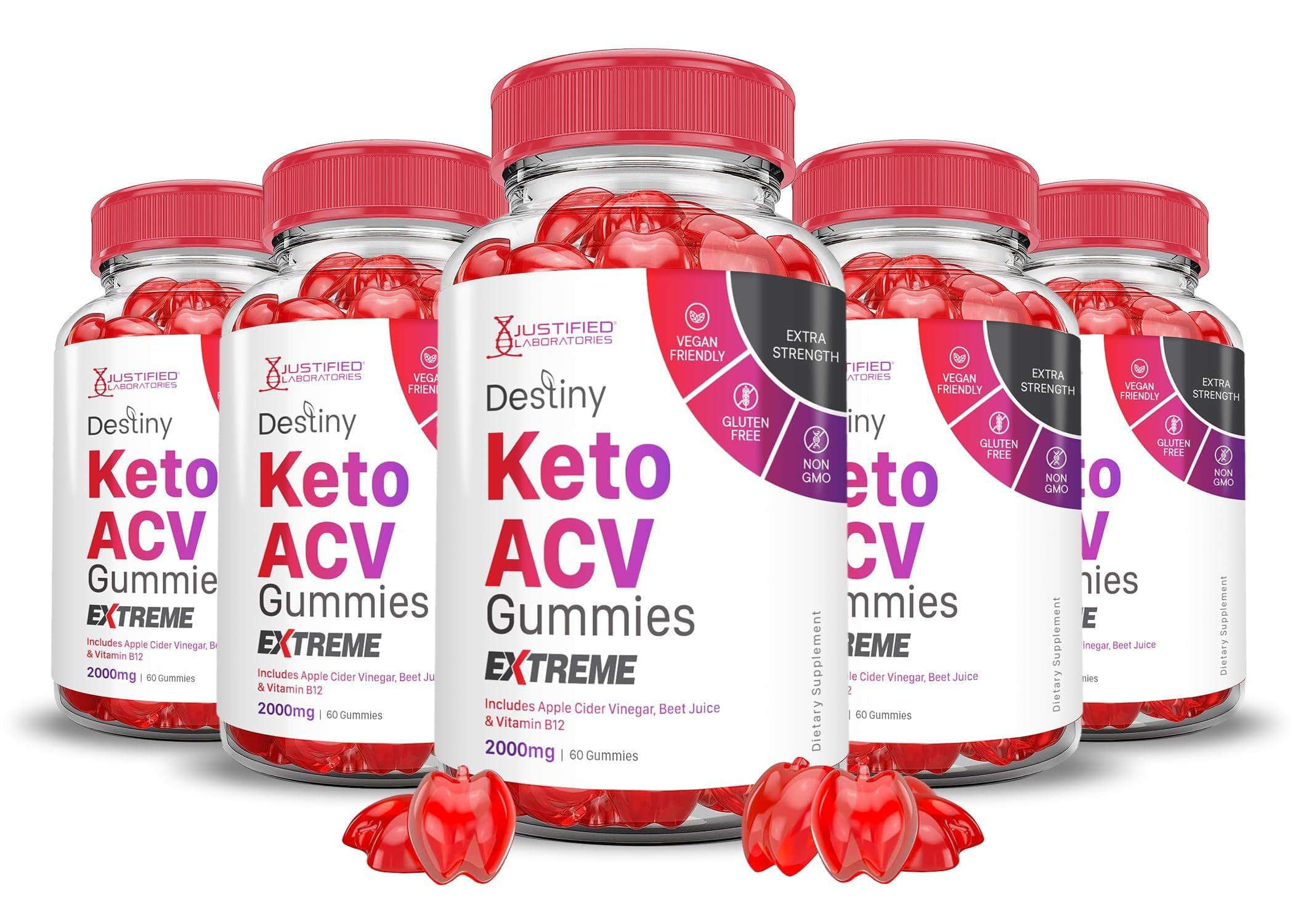 Justified Laboratories Destiny Keto ACV Gummies bottle with five-pack display for on-the-go daily wellness.