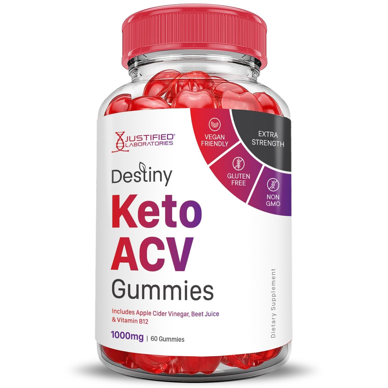 Justified Laboratories Destiny Keto ACV Gummies pack shot emphasizes 5-pack value.