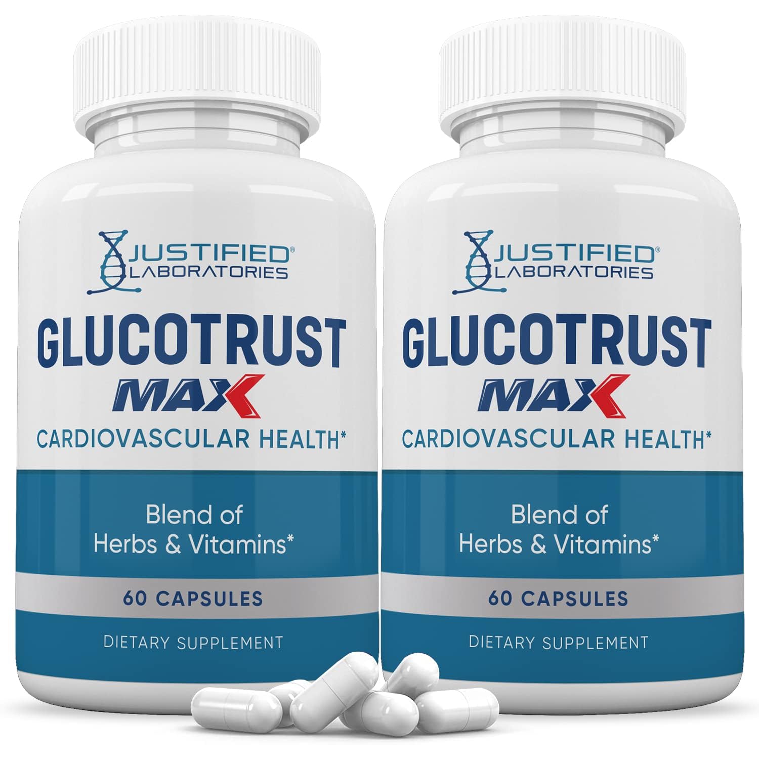 Justified Laboratories Glucotrust Max 1295MG 2-Pack bottle 120 capsules front view
