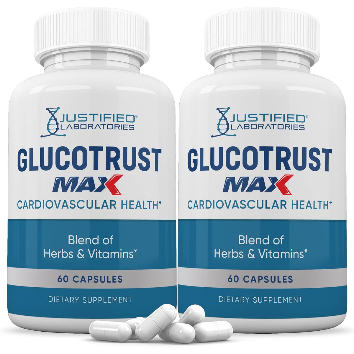 Justified Laboratories Glucotrust Max 1295MG 2-Pack bottle 120 capsules front view