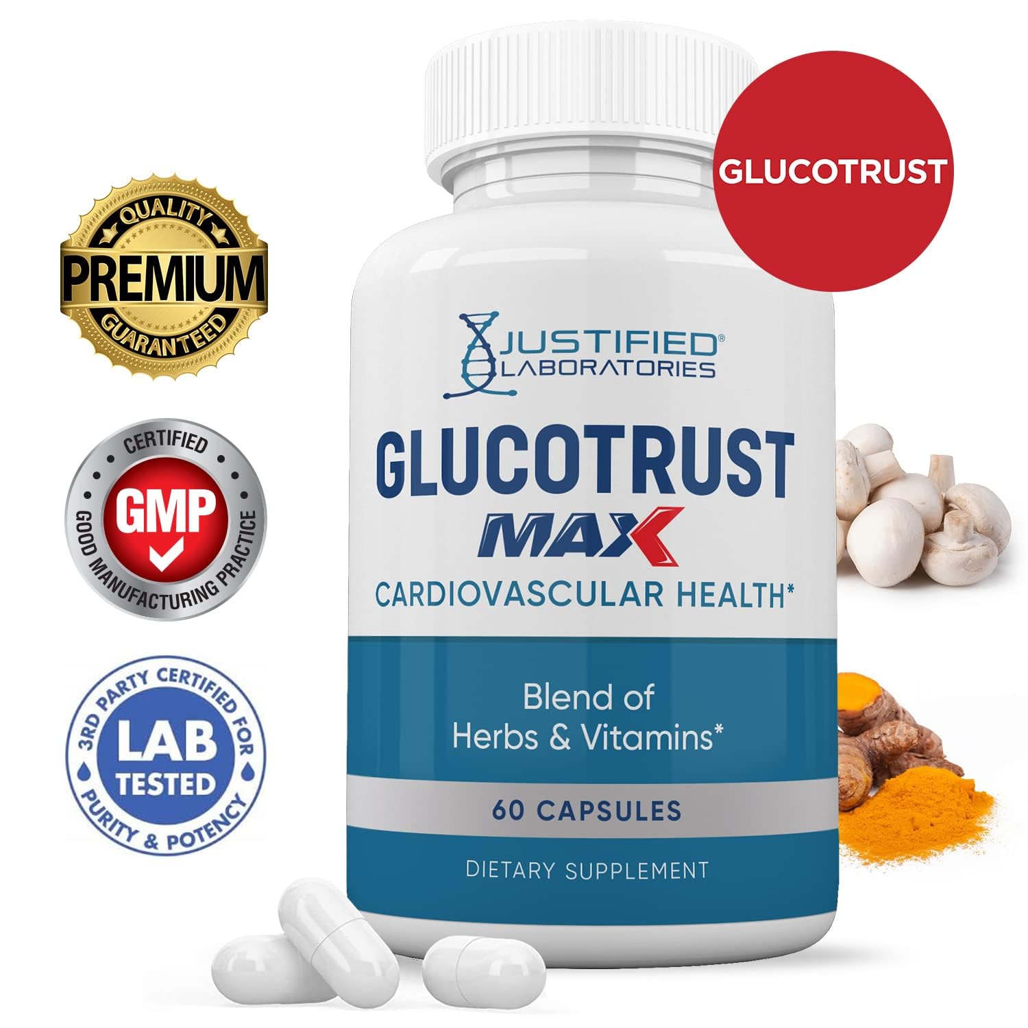Back view of Justified Laboratories Glucotrust Max 1295MG box showing ingredients