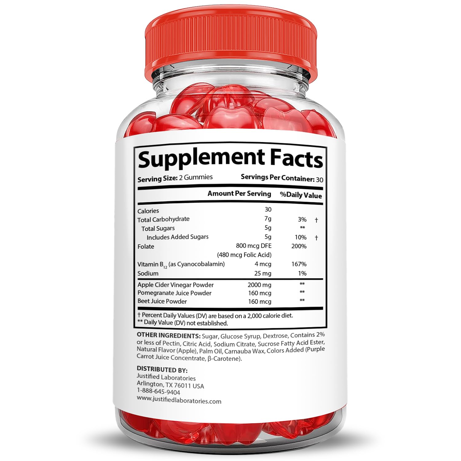 Justified Laboratories ingredient label visible listing ACV, beet, B12 details