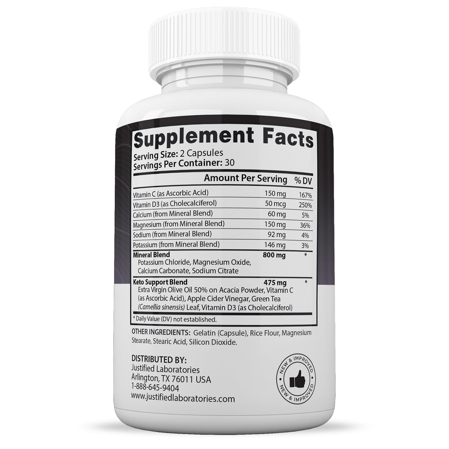 Justified Laboratories Keto 1500 bottle back label