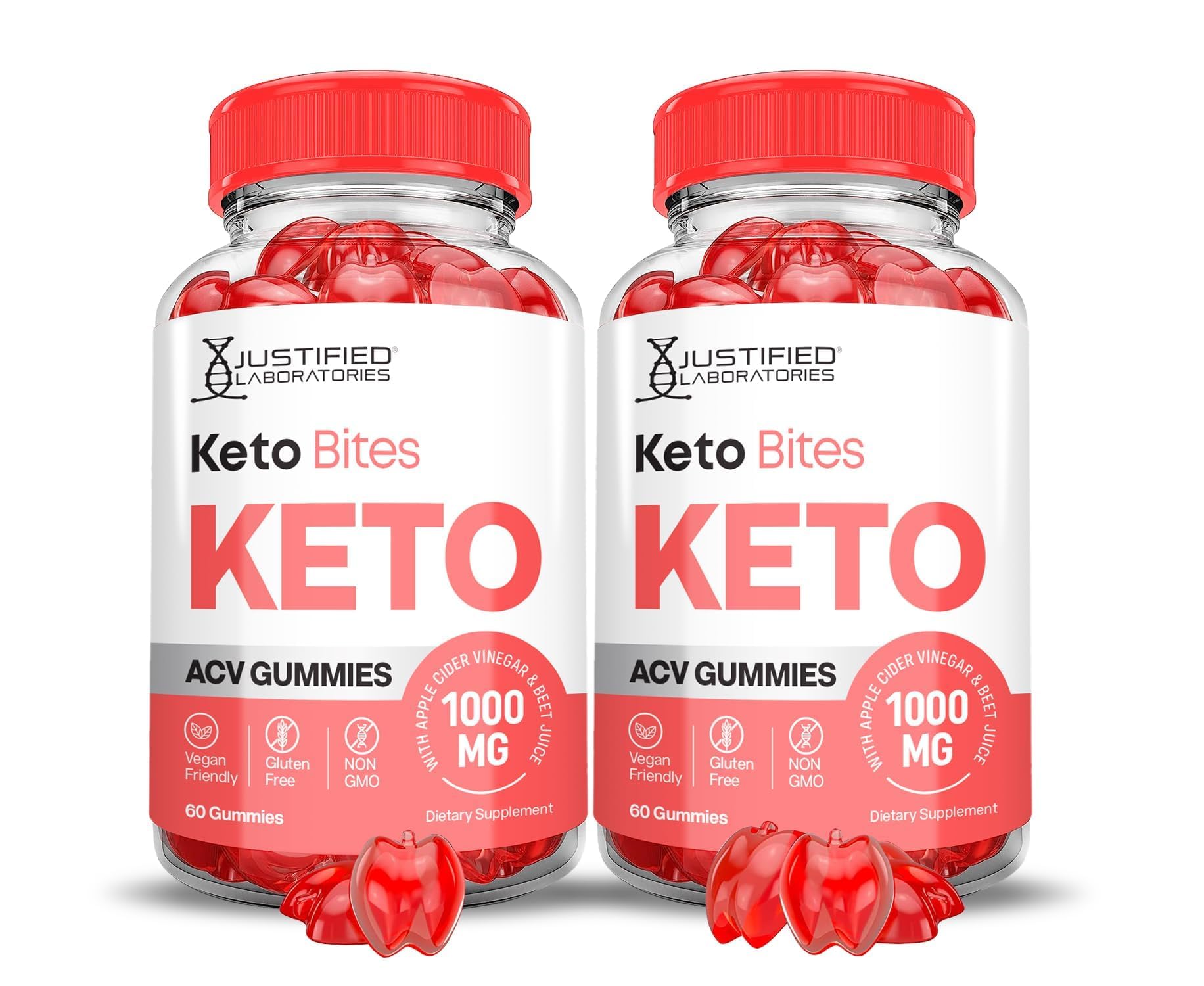 Justified Laboratories Keto Bites ACV Gummies bottle and two-pack packaging