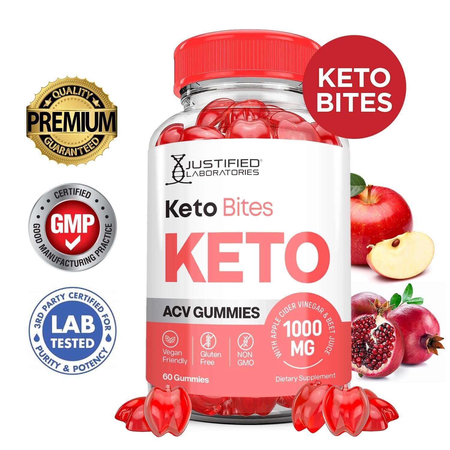 Justified Laboratories Keto Bites ACV Gummies ingredients highlight beet juice and pomegranate