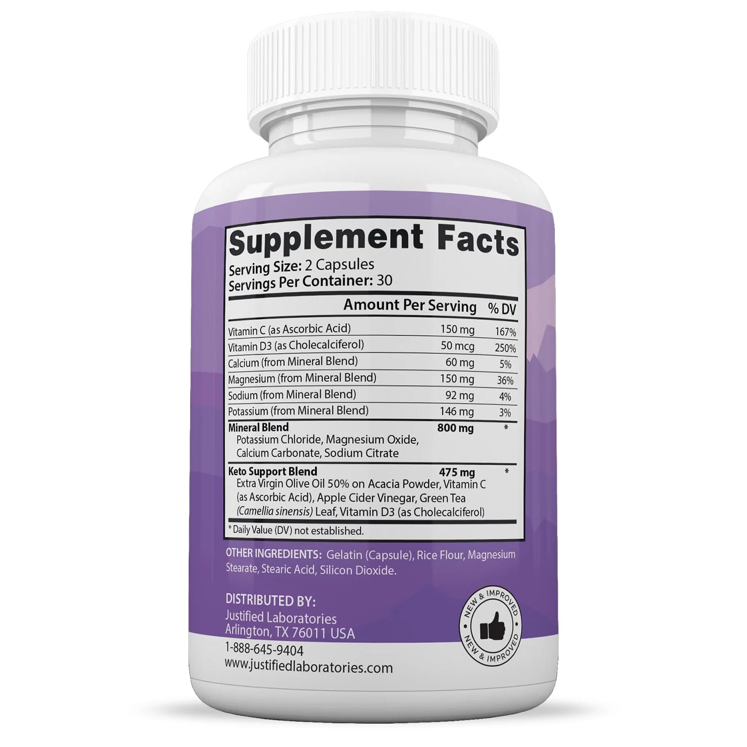 Back label with ingredients of Justified Laboratories Keto Boost Pills 1275MG 2-Pack