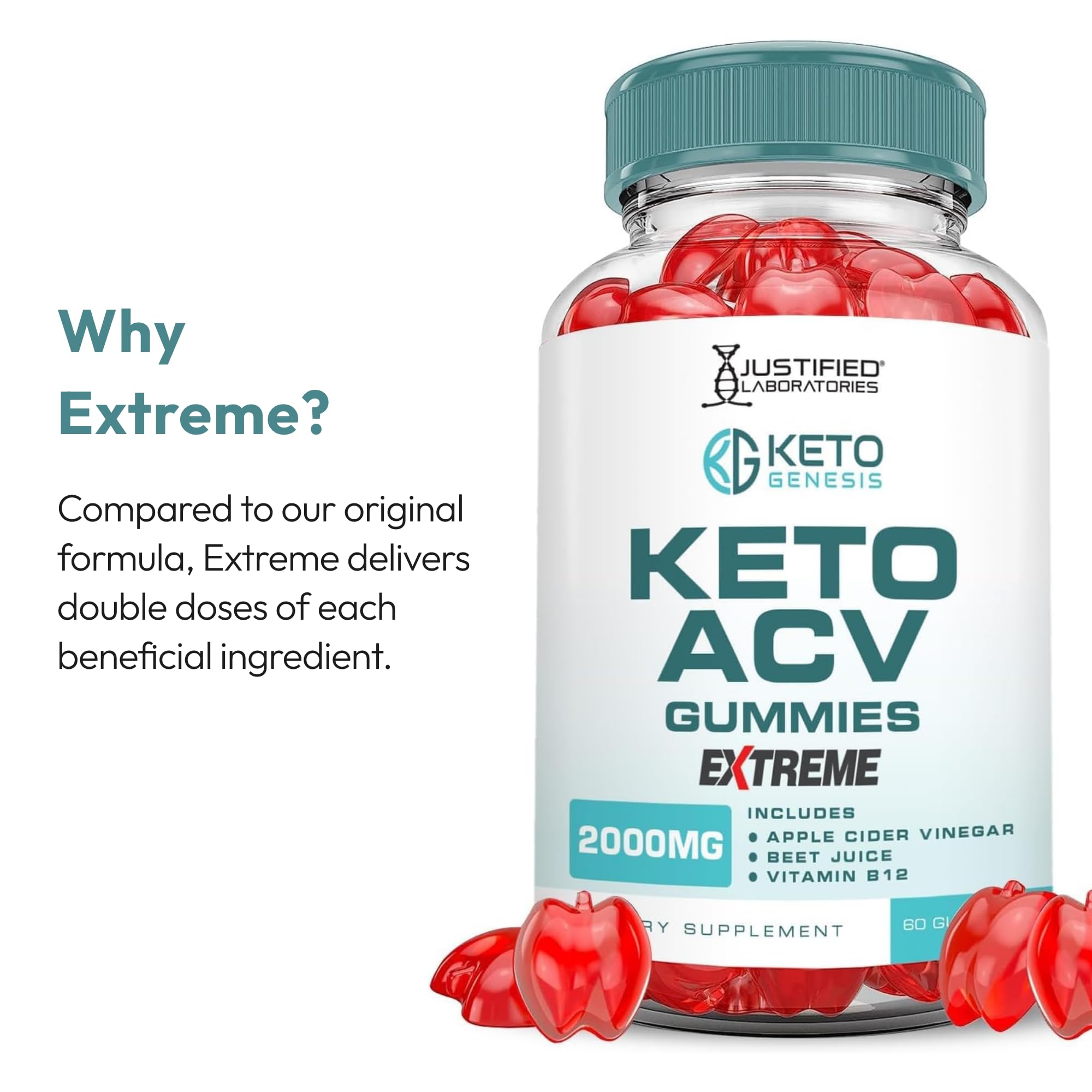 Justified Laboratories Keto Genesis gummy packaging shows vegan, gluten-free pectin base