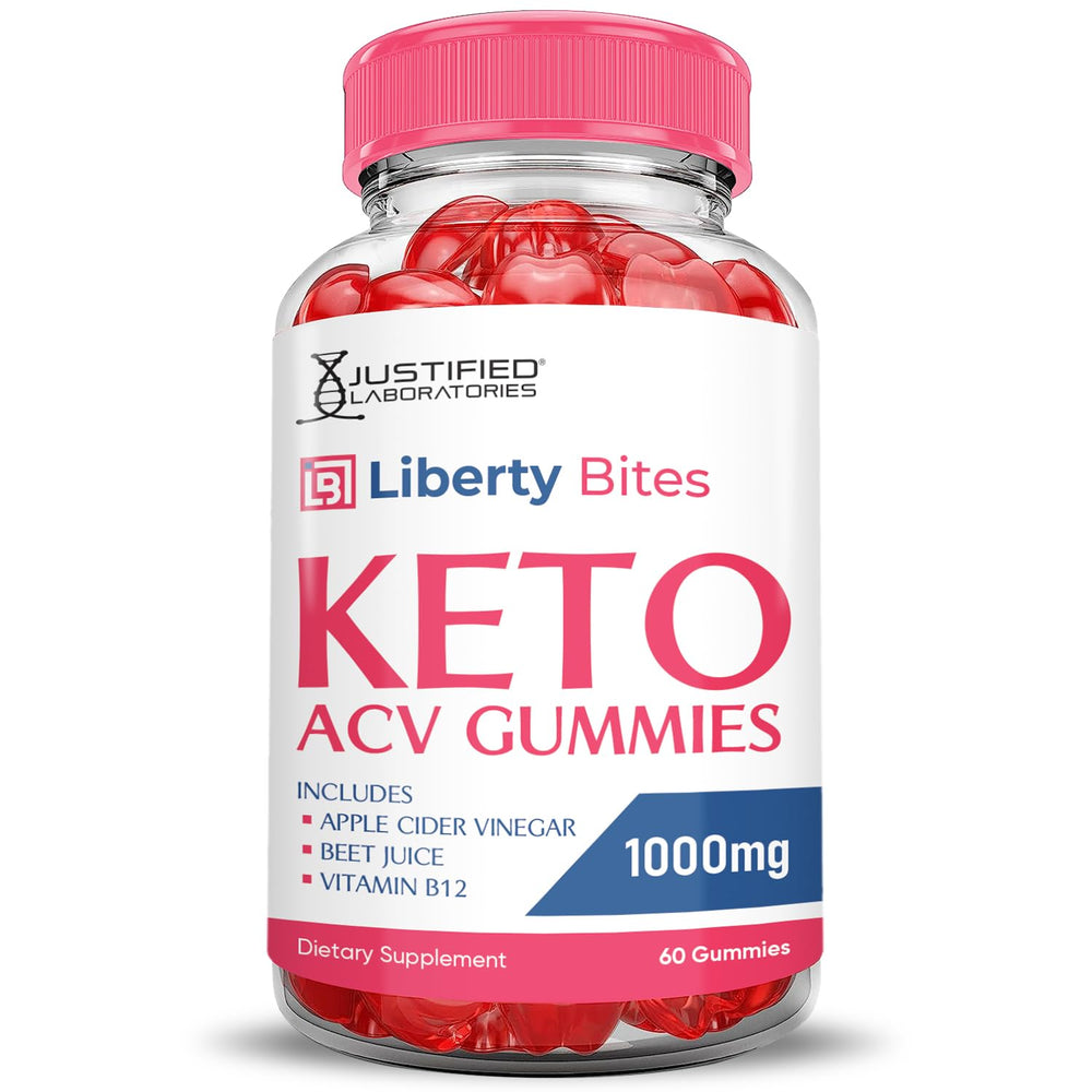 Justified Laboratories Liberty Bites Keto ACV Gummies ingredients panel featuring beet juice and pomegranate.