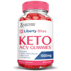 Justified Laboratories Liberty Bites Keto ACV Gummies ingredients panel featuring beet juice and pomegranate.