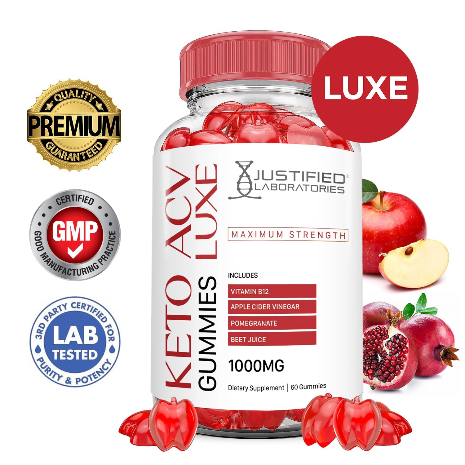 Justified Laboratories Luxe Keto ACV Gummies label detailing vegan and non-GMO quality.
