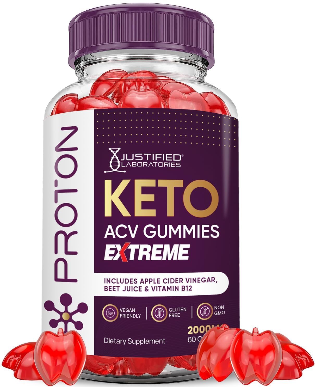Front view of Justified Laboratories Proton Keto ACV Gummies bottle