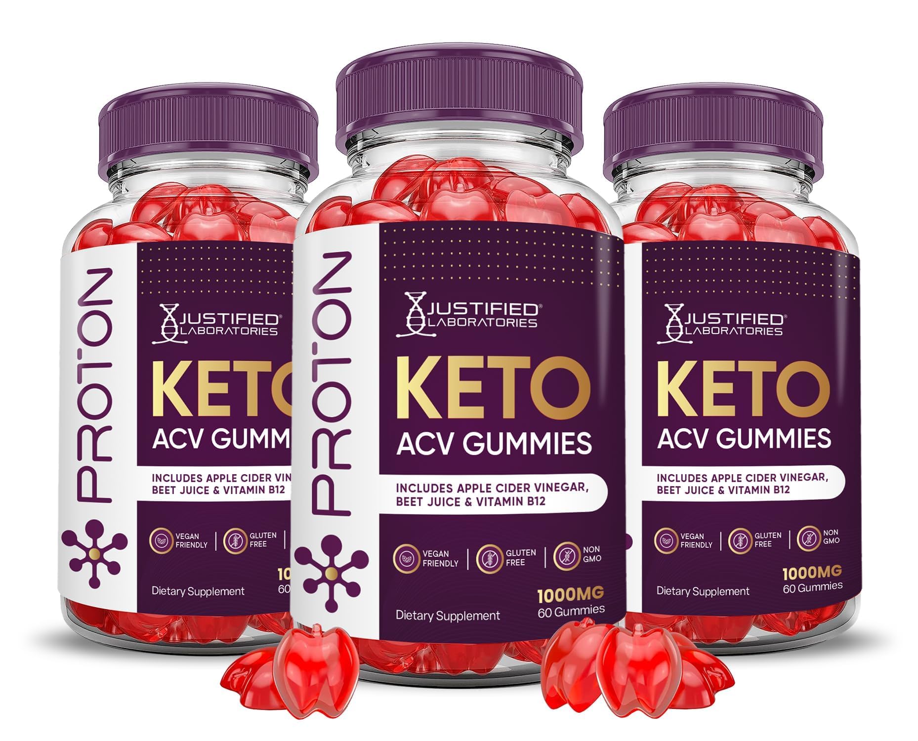 Justified Laboratories Proton Protein Keto ACV Gummies bottle front shows vegan formula for daily wellness