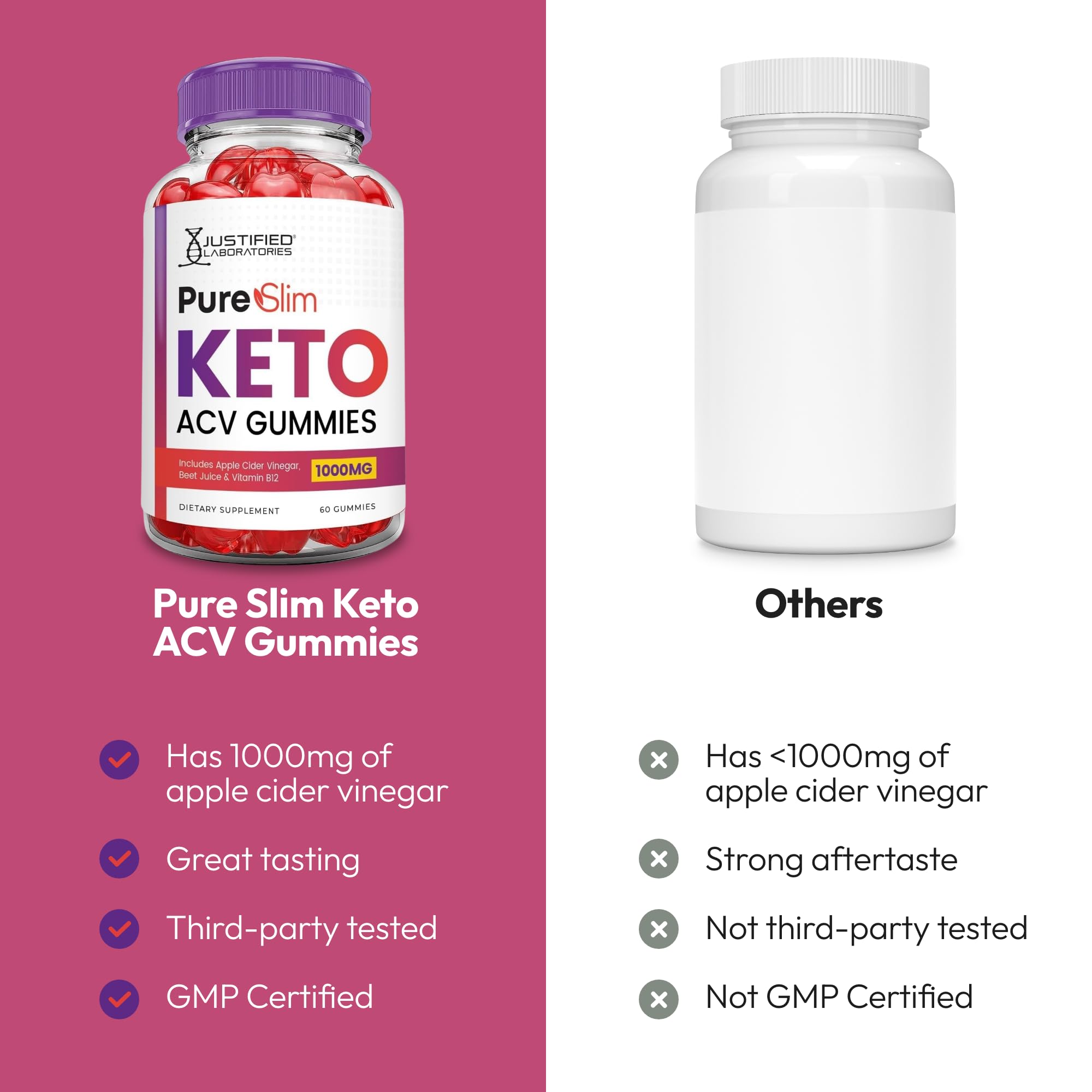 Justified Laboratories Pure Slim Keto ACV Gummies with beet juice highlight natural color and nutrients