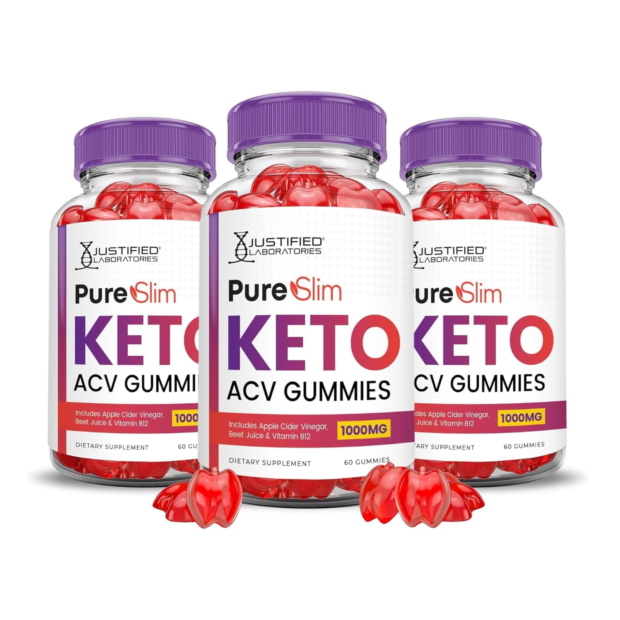 Justified Laboratories Pure Slim Keto ACV Gummies bottle front with three-pack packaging for easy daily use