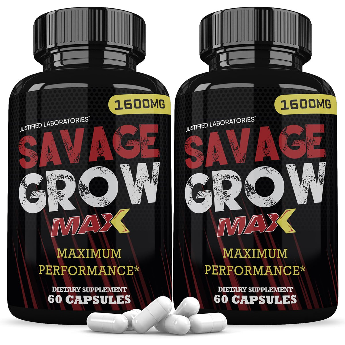 Justified Laboratories Savage Grow Max 1600MG 2-Pack packaging with capsule bottle