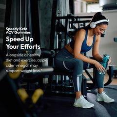 Justified Laboratories Speedy Keto ACV Gummies, bote lateral, conveniencia diaria en una gominola vegana.