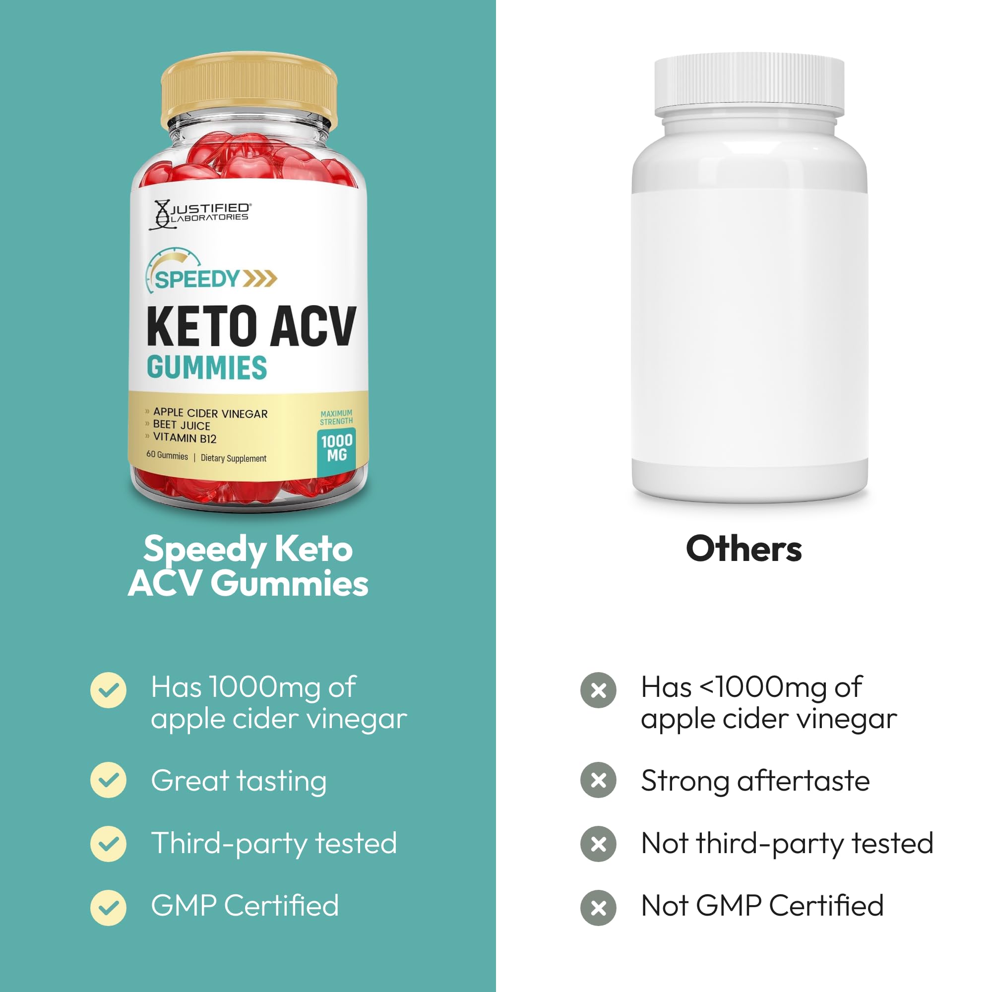 Justified Laboratories Speedy Keto ACV Gummies, etiqueta frontal, guía clara de ingredientes y beneficios.