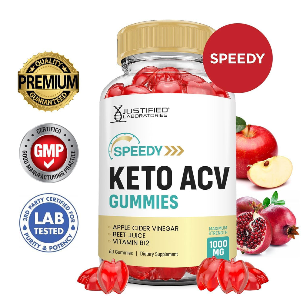 Justified Laboratories Speedy Keto ACV Gummies with pomegranate showing antioxidant-rich flavor.