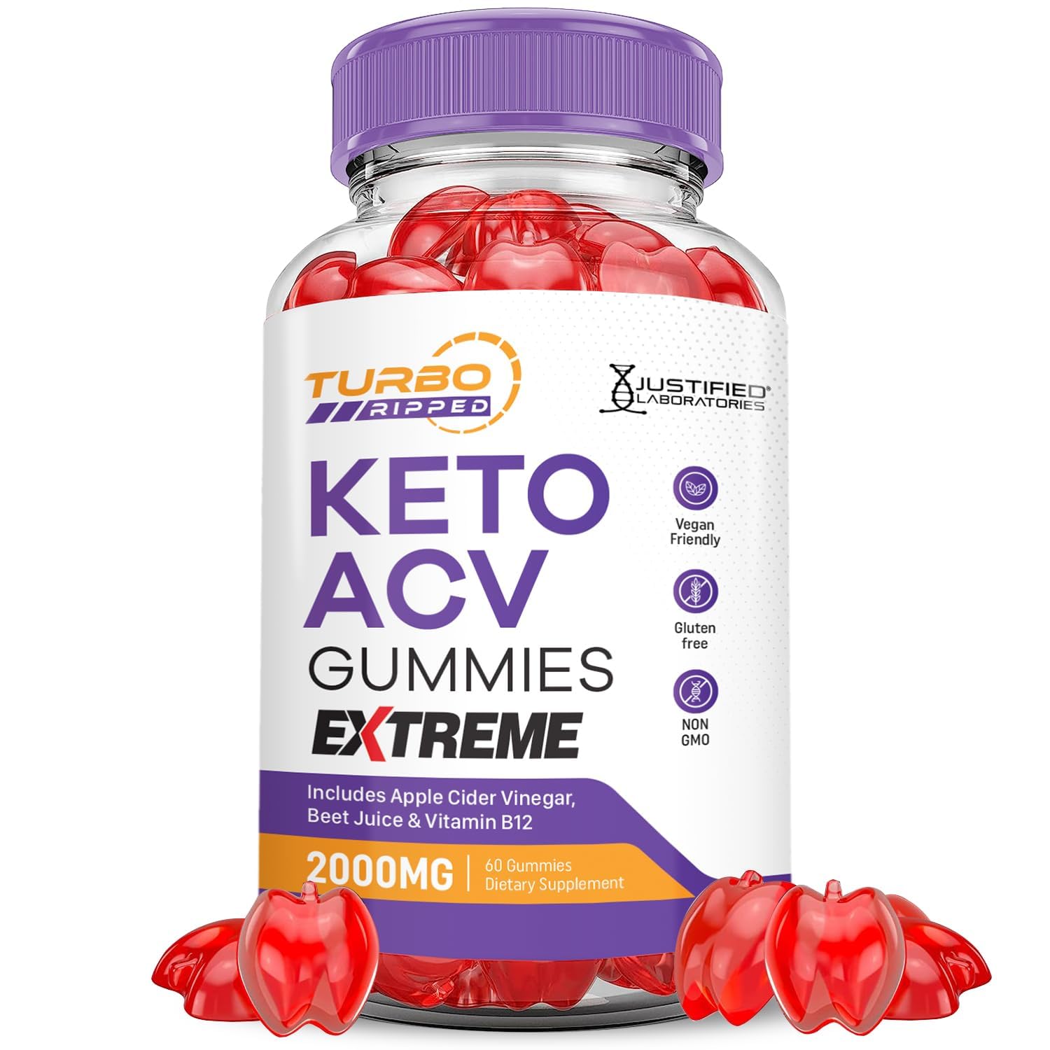 Justified Laboratories Turbo Ripped Keto ACV Gummies label showing 2000mg ACV per serving