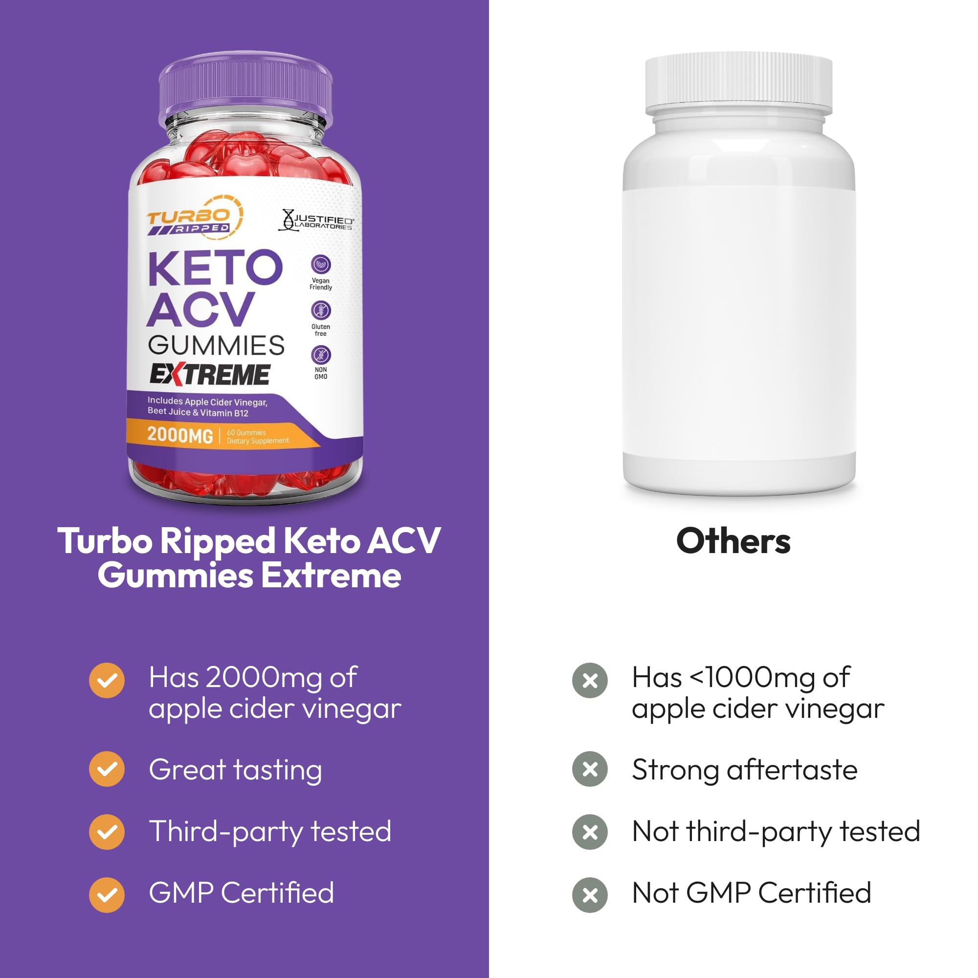 Justified Laboratories Turbo Ripped Keto ACV Gummies 2-pack front view for value.