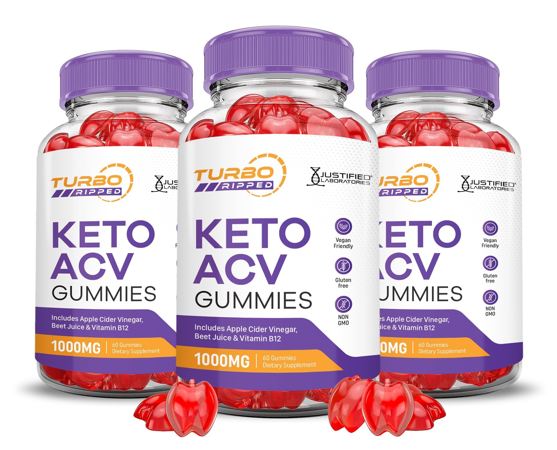 Front of Justified Laboratories Turbo Ripped Keto ACV Gummies three-pack packaging