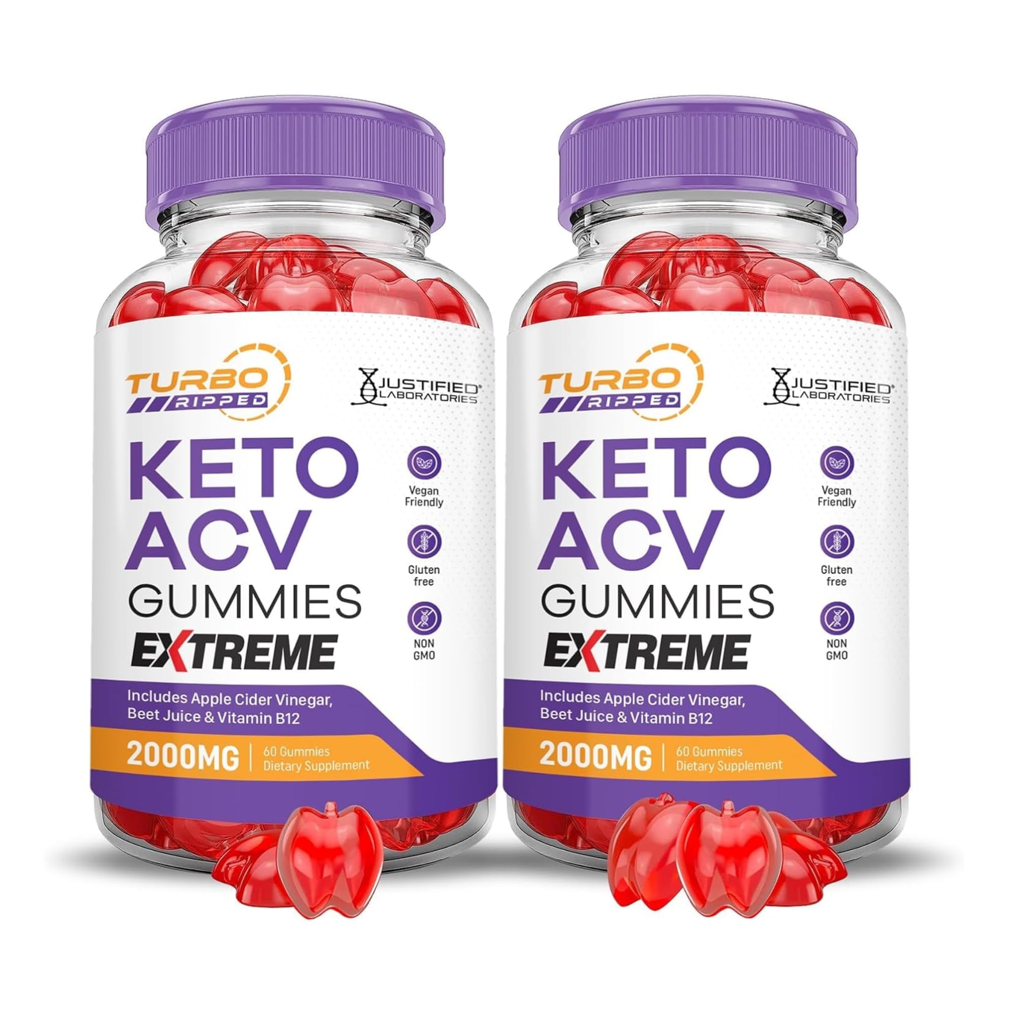 Justified Laboratories Turbo Ripped Keto ACV Gummies bottle pour for easy daily use.