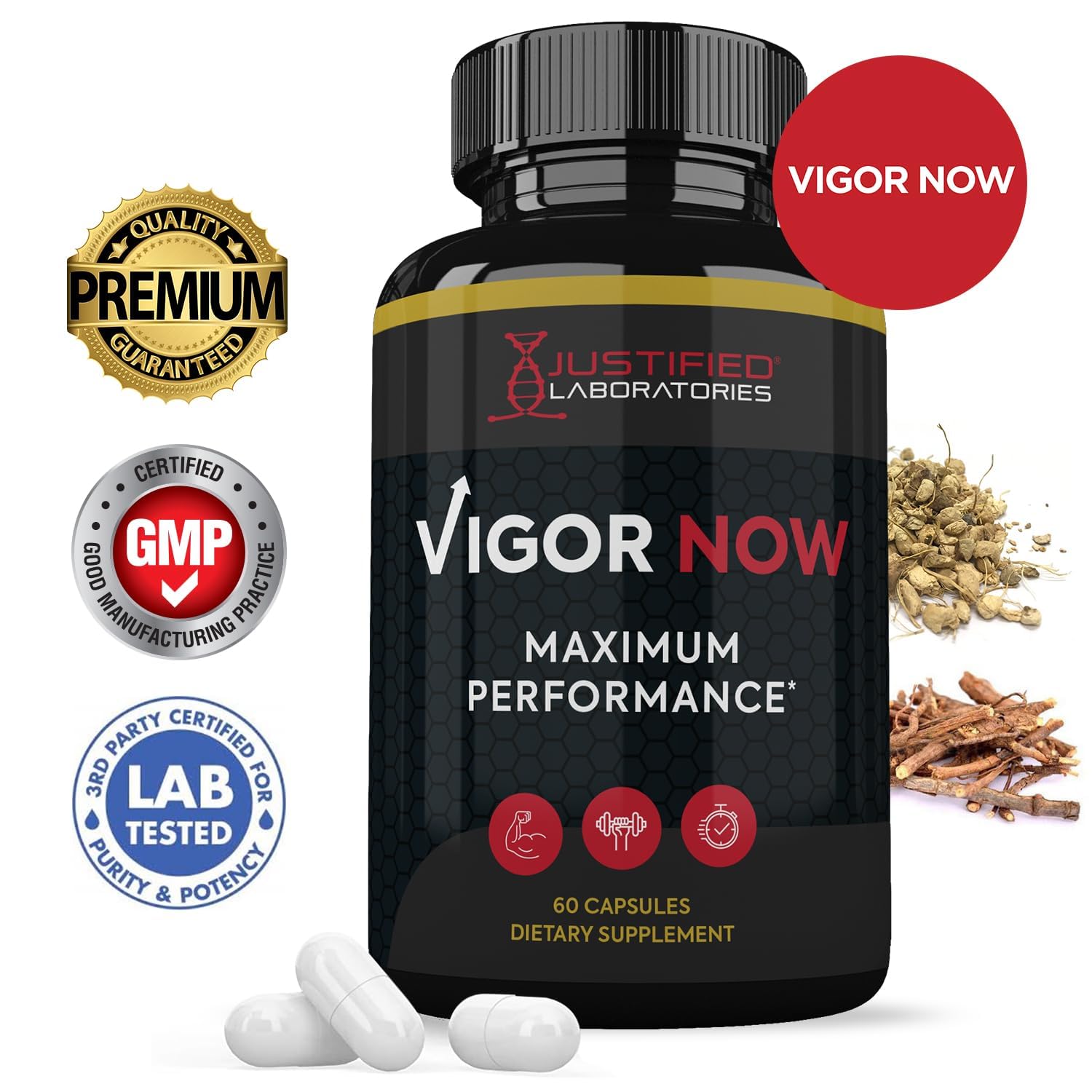 Close-up of the Justified Laboratories Vigor Now Max 1600MG label