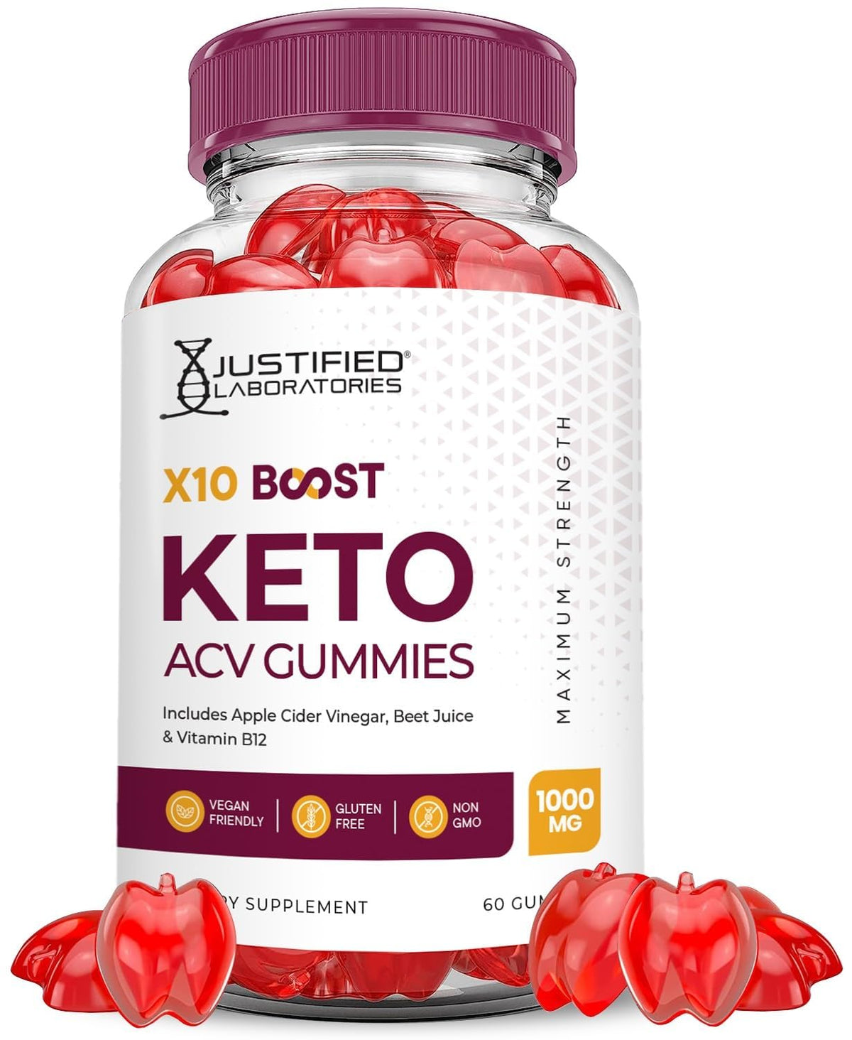 Justified Laboratories X10 Boost Keto ACV Gummies bottle and packaging