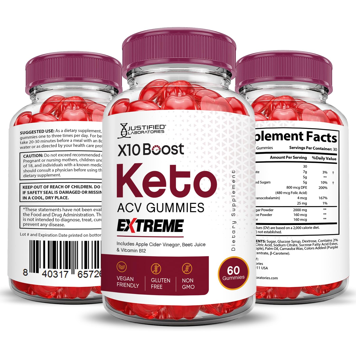 Product pack shot of Justified Laboratories X10 Boost Keto ACV Gummies 60-count